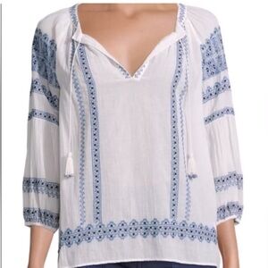 Joie White gauze Peasant top boho Ladies XS blue embroidery with tassel neck tie